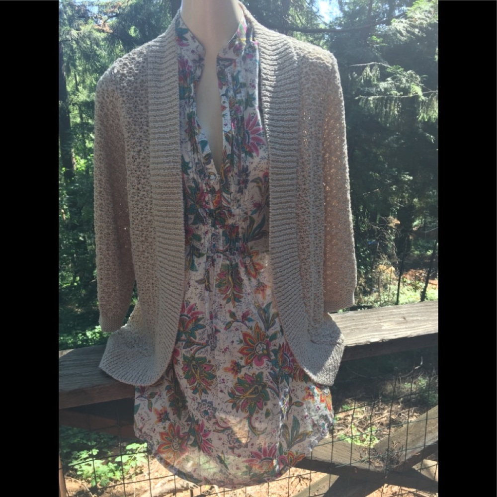 Dana Buchman nubby oatmeal colored 3-/4 sleeve cardigan  chunky knit ,HP25x2